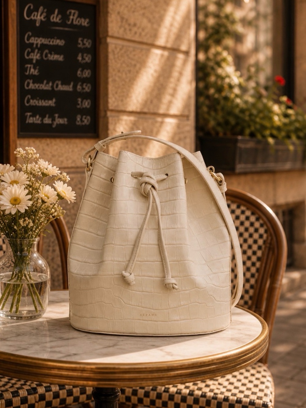 Sezane Farrow Ecru Croc-Embossed Leather Drawstring Bucket Bag